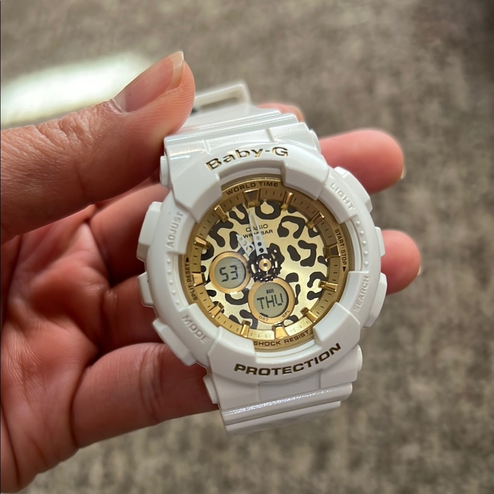 Casio/ Baby-G White and Gold Smartwatch with Animal Print Dial
